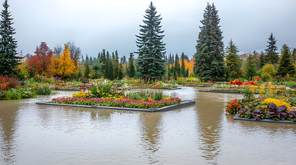 Flooded garden with colorful flower beds.  Water covers pathways and beds, reflecting the trees and overcast sky.  Autumnal colors abound in the flower beds on platforms