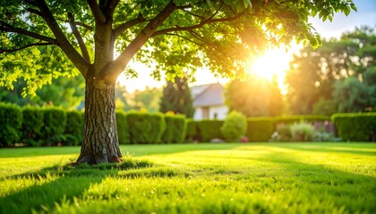 Lush garden at sunset