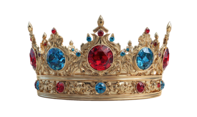 Ornate gold crown, lavishly adorned with  red and blue gemstones