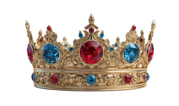 Ornate gold crown, lavishly adorned with  red and blue gemstones