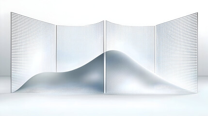 Abstract, light-gray,  modern partition with a sculpted, smooth hill-like form in the center.  Structured panels form a room or enclosed space