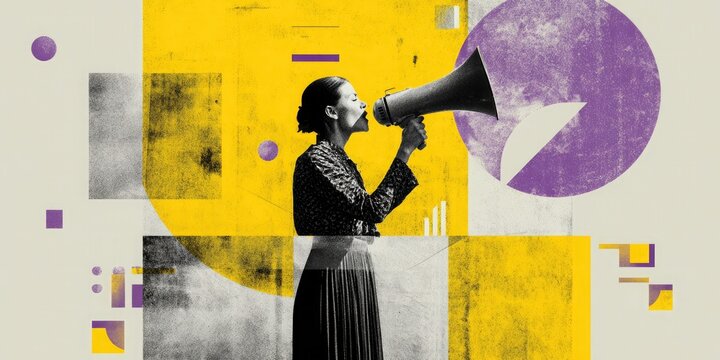 Woman Announcing with Megaphone on Yellow Background