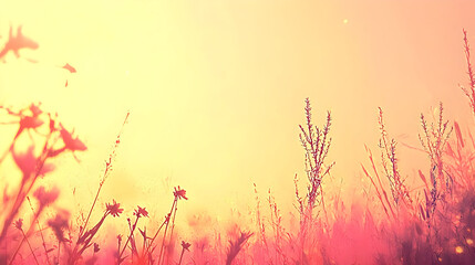 Sunrise meadow, vibrant colors, misty, wildflowers