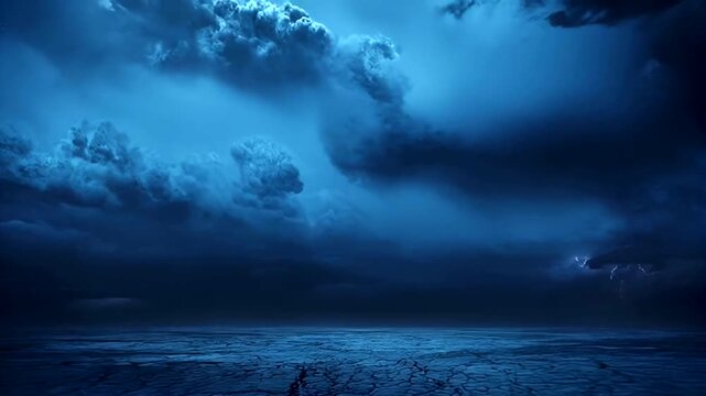 Dramatic thunderstorm clouds with lightning over a desolate landscape.