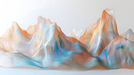 Abstract mountain range, composed of flowing, translucent, colorful fabrics.  Soft, pastel hues blend together in a dynamic, wavy form, creating a sense of movement and depth
