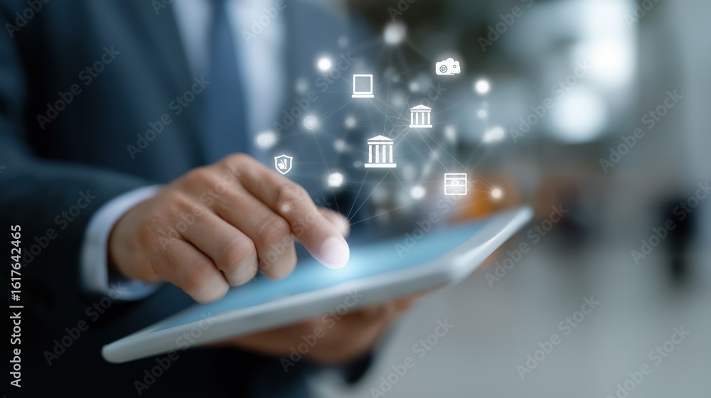 Poster a man is using a tablet to touch a screen with a lot of icons on it. the icons include a bank, a cre