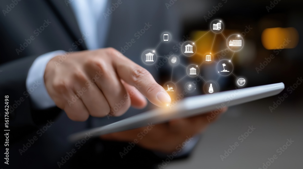Poster a man is pointing at a tablet with a lot of icons on it. concept of technology and the importance of