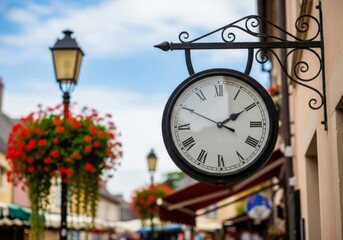 Fototapeta premium A vintage street clock with roman numerals hangs on a building facade, adorned with a basket of red flowers