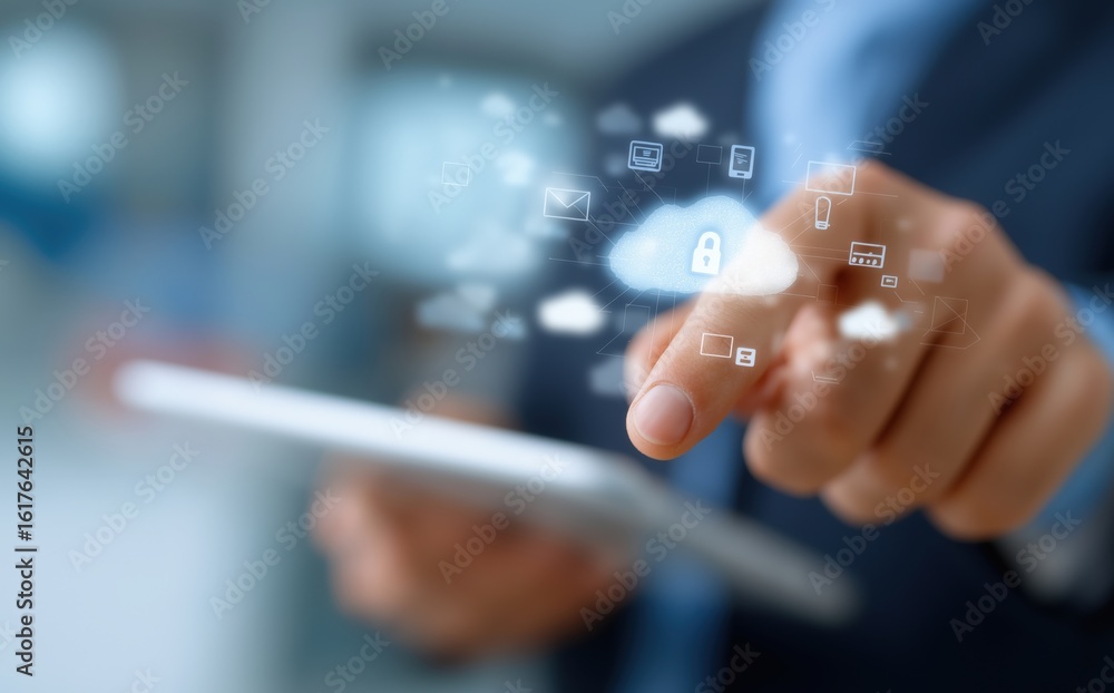Poster a person is pointing at a tablet with a cloud icon on it. concept of technology and the importance o