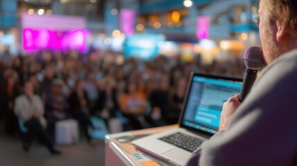 Obraz premium A man stands at a podium in front of a large audience, holding a microphone and speaking into a laptop. Concept of importance and authority