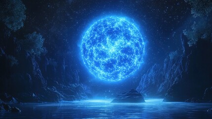 Vast, luminous blue sphere in a cavernous, icy landscape.