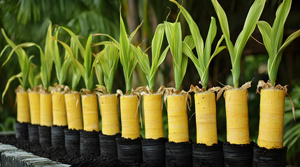 Rows of young plants in yellow tubes, growing in dark soil