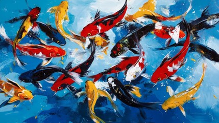 Colorful koi fish swim in a vibrant aquatic scene.