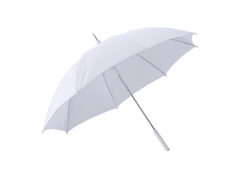 A white umbrella, open and angled, against a black background.  Its fabric is smooth and plain, and a metal pole extends downward from the center