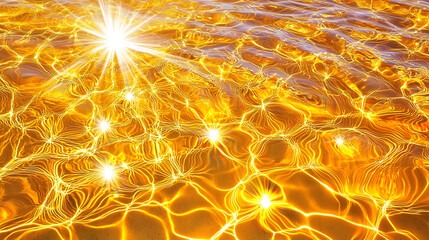 Golden water surface with sun reflections. Rippled, shimmering, and vibrant gold tones create a dazzling effect.  Sunbeams illuminate the water's surface