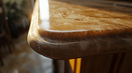 Close-up of a polished, light brown countertop edge, showcasing a subtle marbled pattern and glossy finish.  Interior kitchen or bar area visible in the background