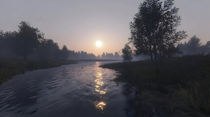 Misty sunrise over a tranquil river. Lush trees line the banks, shrouded in a soft morning mist. Sunlight reflects on the still water