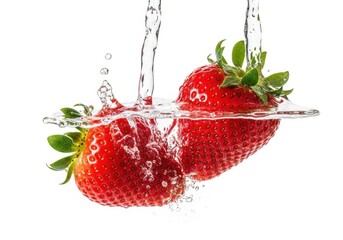 Two ripe strawberries are washed under a stream of water, creating a splash
