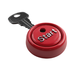 A metallic key positioned above a glossy, round, red button.  The button says "Start" in a bold, light gray font.  3D rendering style