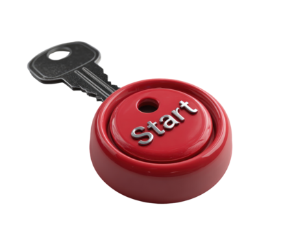 A metallic key positioned above a glossy, round, red button.  The button says "Start" in a bold, light gray font.  3D rendering style