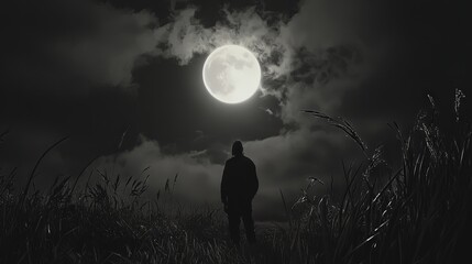 Silhouetted figure under a large moonlit sky.