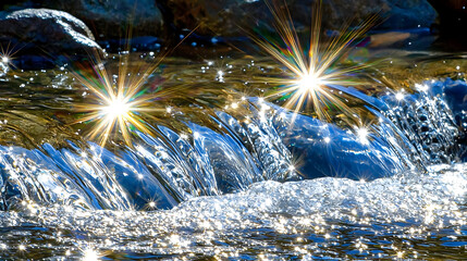 Sparkling stream cascading over rocks, bright light reflections