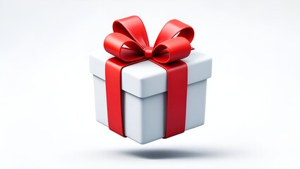 A crisp white gift box tied with a vibrant red ribbon floats in soft studio lighting.