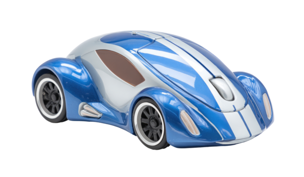 Futuristic, blue and silver wireless car-shaped computer mouse
