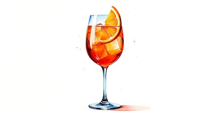 Elegant watercolor illustration of a vibrant Aperol spritz with orange slice and ice cubes.
