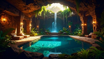 Lush jungle cave pool