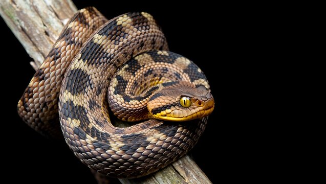 Coiled brown and black snake resting on a branch against a dark background, close-up view