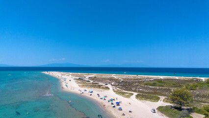Drone (aerial) view of beautiful beach on Possidi Cape on Kassandra peninsula, Halkidiki (Chalkidiki), Greece