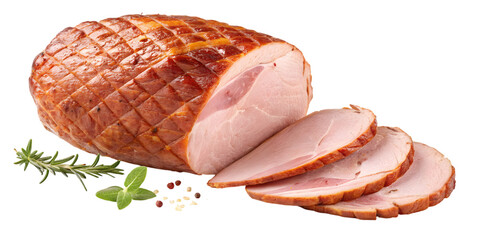 Juicy, sliced glazed ham with fresh rosemary and peppercorns, perfect for holiday feasts and...