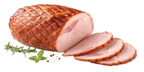 Juicy, sliced glazed ham with fresh rosemary and peppercorns, perfect for holiday feasts and gourmet meals
