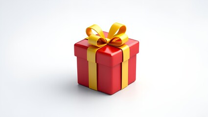 Obraz premium A vibrant red gift box tied with a cheerful yellow ribbon, against a clean white background.