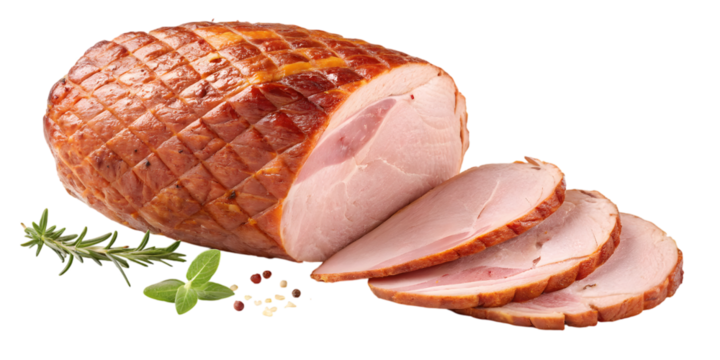 Juicy, sliced glazed ham with fresh rosemary and peppercorns, perfect for holiday feasts and gourmet meals