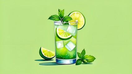 Refreshing lime drink with mint and ice cubes, illustrated in a watercolor style, vibrant green.