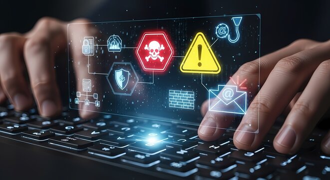 Cybersecurity Warning with Phishing Email Alert Icons

