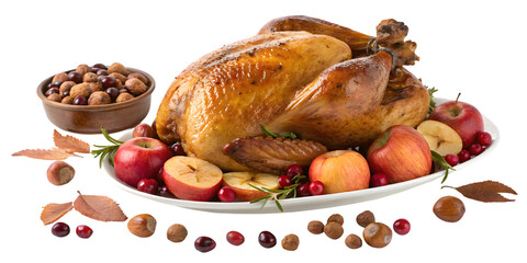 Succulent roasted turkey centerpiece with fresh apples, cranberries, nuts, and autumn leaves for a perfect holiday feast