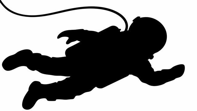 Silhouette of astronaut floating with tether extending from helmet in a black and white space scene view