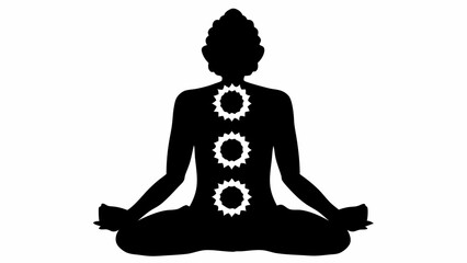 Silhouette of person in lotus position with three chakra symbols aligned vertically on the body shown