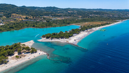 Aerial drone view of Port Glarokavos and lagoon beach in Kassandra penisula Chalkidiki Greece