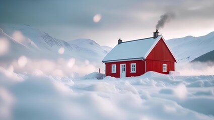 Red cabin roof dusted with snow stands out beautifully against the misty sky and towering snow-capped mountains.