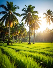 Lush tropical rice paddies under a golden sunrise