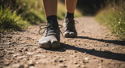 Fototapeta premium Close-up of a person walking on a dirt trail in outdoor nature setting with hiking shoes and greenery on a sunny day perfect for outdoor adventures and fitness activities