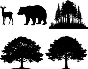 Illustration of various forest animal and tree silhouettes, symbolizing nature, wildlife, and natural environment.