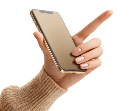 Hand holding a gold-toned smartphone, pointing - Powered by Adobe