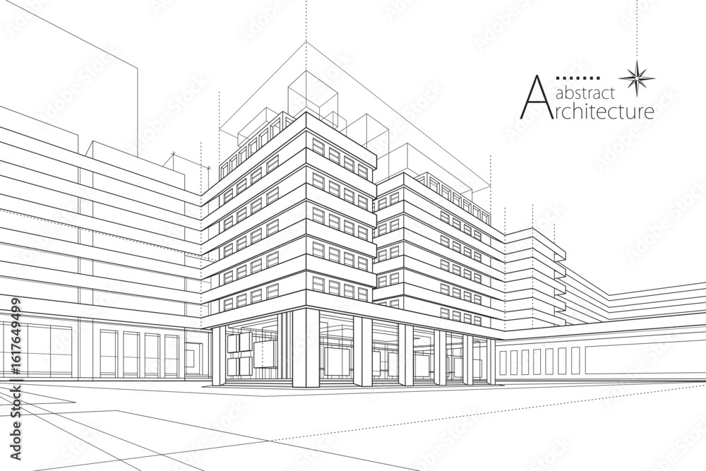 Poster 3d illustration abstract urban building out-line drawing of imagination architecture building constr