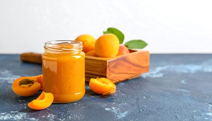 Apricot Jam in Glass Jar with Fruit Slices