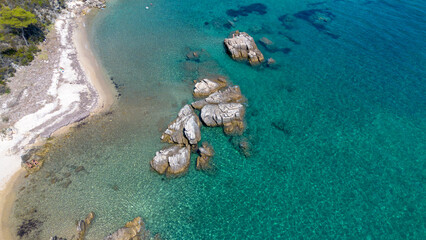 View on beautiful Fava sand beach near Vourvourou, Greek peninsula Sithonia, Chalkidiki (Halkidiki), Greece,